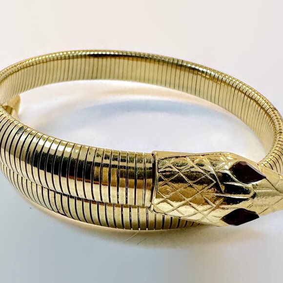 Snake Bracelet, Upper Arm, Gold Tone, Glass Eyes, Red, Vintage, Chunky, Unique - Picture 3 of 6